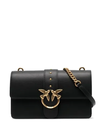 Pinko Love One Classic Black Crossbody Bag With Studded Strap And Love Birds Diamond Cut Plaque On The Fro