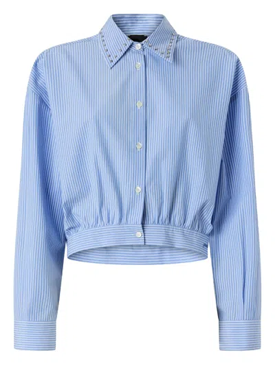 Pinko Charita Light Blue Shirt With Embellished Classic Collar And All-over Striped Motif In Cotton Woman