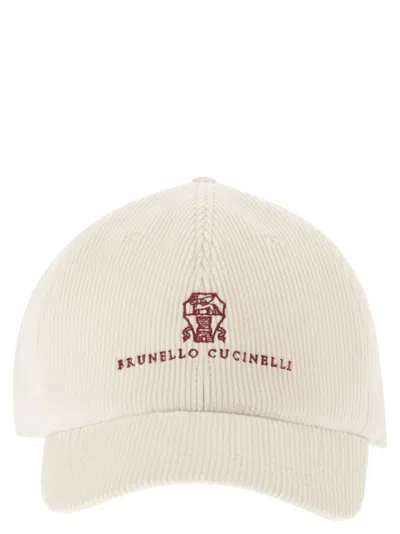 Brunello Cucinelli Men Comfortable Cotton And Cashmere Corduroy Baseball Cap With Embroidered Logo In White