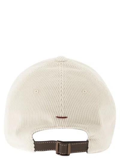 Brunello Cucinelli Men Comfortable Cotton And Cashmere Corduroy Baseball Cap With Embroidered Logo In White
