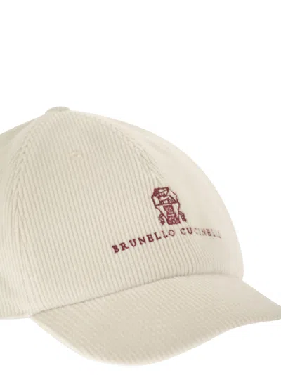 Brunello Cucinelli Men Comfortable Cotton And Cashmere Corduroy Baseball Cap With Embroidered Logo In White