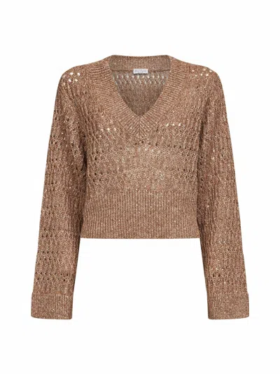 Brunello Cucinelli Women Brown Linen Dazzling Braids Sweater In Brown