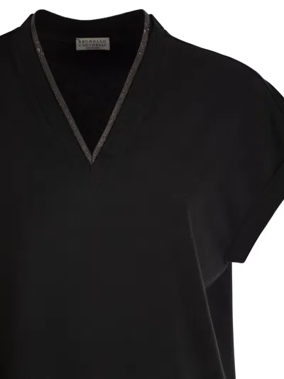 Brunello Cucinelli Women Stretch Cotton Jersey T-shirt With Precious Neckline In Black
