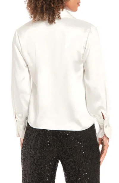 Muse Feather Trim Satin Button-up Shirt In White