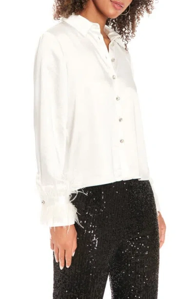 Muse Feather Trim Satin Button-up Shirt In White
