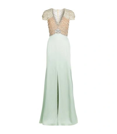 Jenny Packham Embellished Cap Sleeve Gown In Green