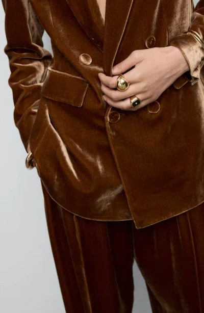 Mango Double Breasted Velvet Blazer In Brown