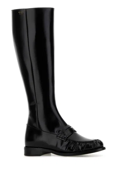 Prada Knee-high Leather Boots Glossy Finish In Black
