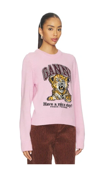 Ganni Graphic Print Long Sleeve Crew Neck Sweater In Pink