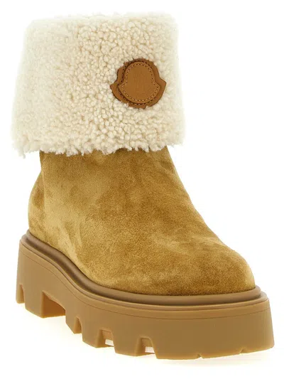 Moncler Camel Beige Real Leather Aurea Mid Ankle Boots In Yellow