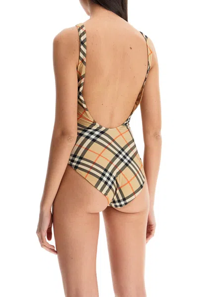 Burberry Women Nylon One-piece Swimsuit With Check Print In Neutral