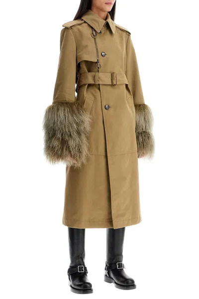Burberry Cotton Blend Trench Coat With Fur Cuffs In Brown