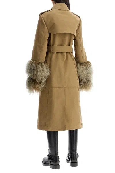 Burberry Cotton Blend Trench Coat With Fur Cuffs In Brown