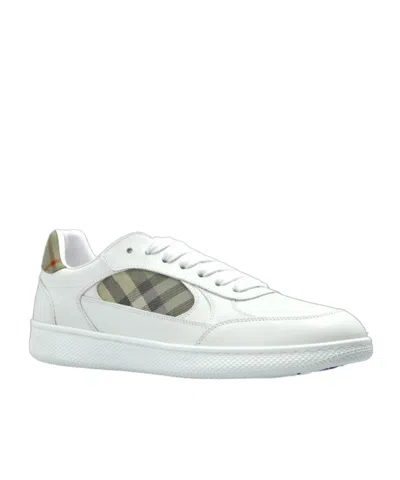 Burberry Terrace Sneakers In Leather And Beige Check Men In White