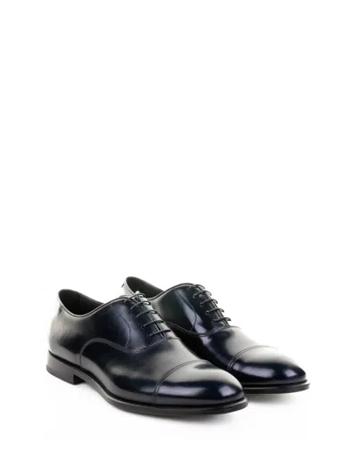 Doucal's Blue Oxford Shoes In Brushed Leather With Toe Cap In Black