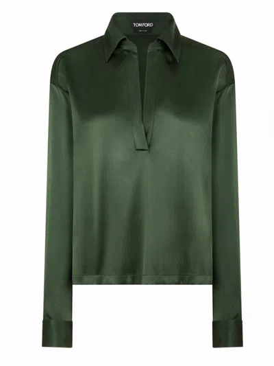 Tom Ford Stretch Silk Satin Polo With Tonal Tf Embroidered Logo Clothing In Green