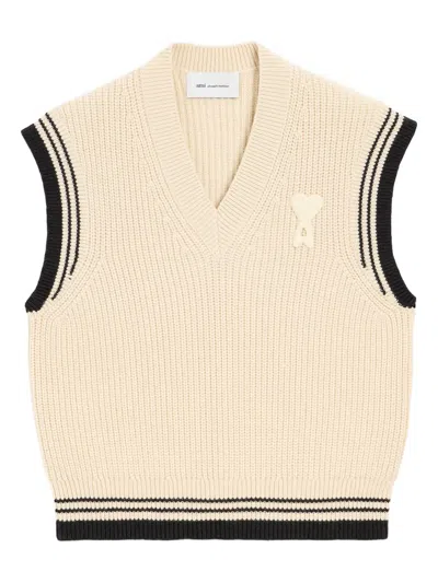 Ami Alexandre Mattiussi Ami Paris Ribbed Wool Sleeveless Ami De Coeur Sweater In Neutral