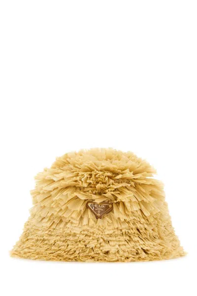 Prada Textured Raffia Bucket Hat Accessory In Brown
