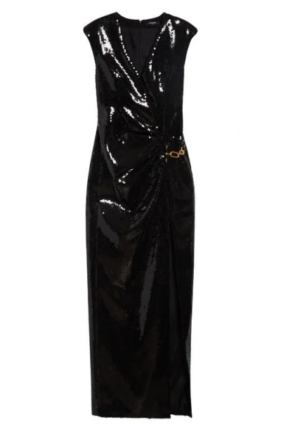 Balmain Long Draped Sequin Dress With Embellished Detail In Black