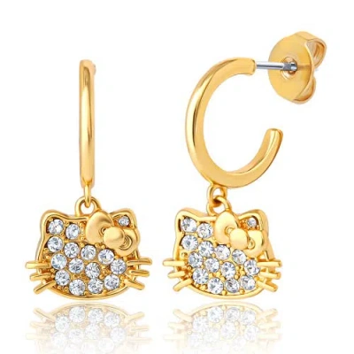 Hello Kitty Earring Set, 2-pair, Gold-tone Studs & Pavé Dangle Hoops In Gold