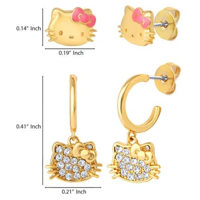 Hello Kitty Earring Set, 2-pair, Gold-tone Studs & Pavé Dangle Hoops In Gold