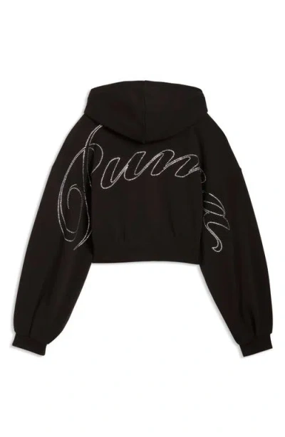 Puma Essentials Bedazzled Rhinestone Embellished Cropped Graphic Hoodie In Black
