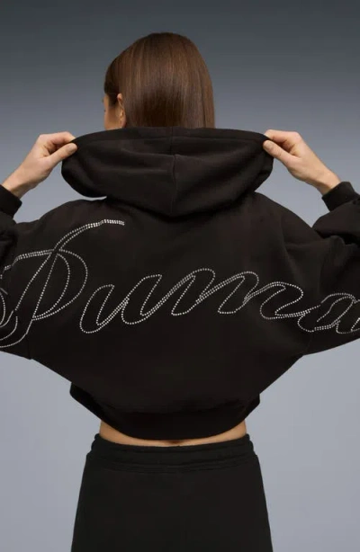 Puma Essentials Bedazzled Rhinestone Embellished Cropped Graphic Hoodie In Black