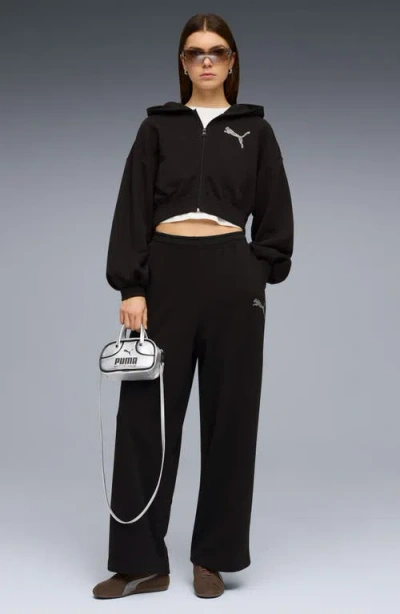 Puma Essentials Bedazzled Rhinestone Embellished Cropped Graphic Hoodie In Black