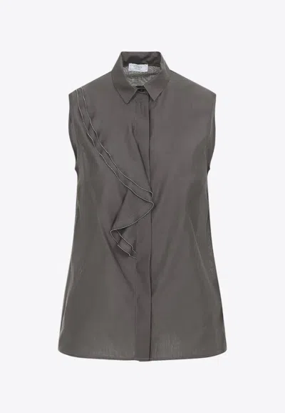 Peserico Silk Cotton Top Collared Neck Ruffle Sleeveless In Gray