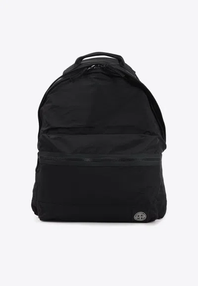 Stone Island Backpack Adjustable Straps Front Zip Pocket Top Handle In Black