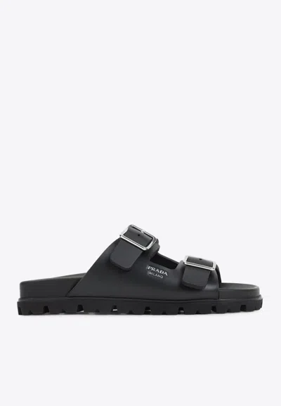 Prada Flat Sole Open Toe Leather Sandals In Black