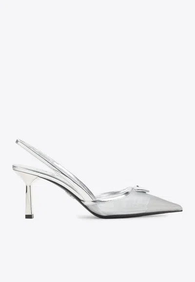 Prada Mesh-panelled Slingback Pumps In Silver