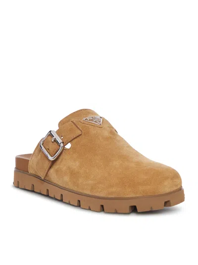 Prada Camel Suede Slippers In Brown