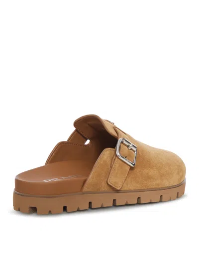Prada Camel Suede Slippers In Brown