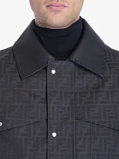 Fendi Ff-pattern Leather-trimmed Jacket In Blue
