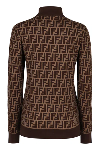 Fendi Ff Jacquard Turtleneck Sweater In Brown