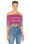 APIECE APART OESTE OFF THE SHOULDER TOP IN PURPLE, CHECKERED & PLAID.,AA17112