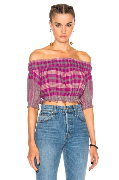 Shop Apiece Apart Oeste Off The Shoulder Top In Purple, Checkered & Plaid. In La India Plaid