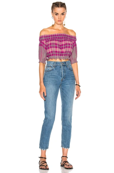 Shop Apiece Apart Oeste Off The Shoulder Top In Purple, Checkered & Plaid. In La India Plaid