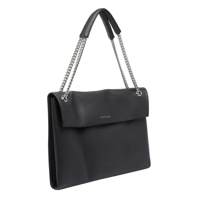 Orciani Hammered Leather Shoulder Bag With Removable Chain Strap In Black