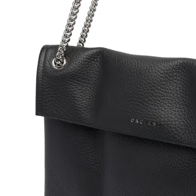 Orciani Hammered Leather Shoulder Bag With Removable Chain Strap In Black