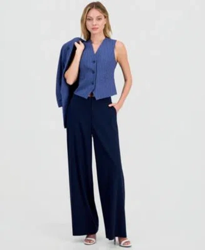 Bar Iii Womens Pinstripe Notched Collar Jacket V Neck Vest Macys Exclusive In Blue