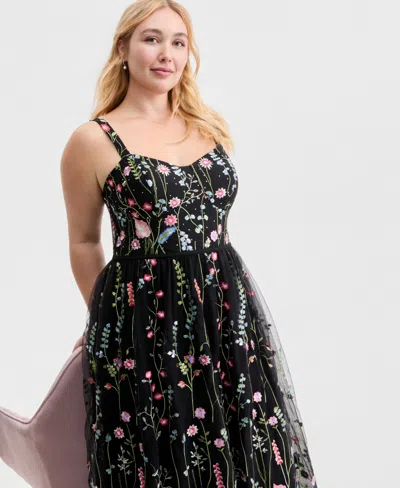 City Studios Created For Macy's,  Trendy Plus Size Embroidered Tulle Corset Gown In Black