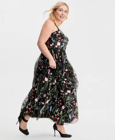City Studios Created For Macy's,  Trendy Plus Size Embroidered Tulle Corset Gown In Black