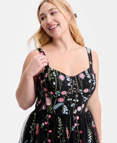City Studios Created For Macy's,  Trendy Plus Size Embroidered Tulle Corset Gown In Black