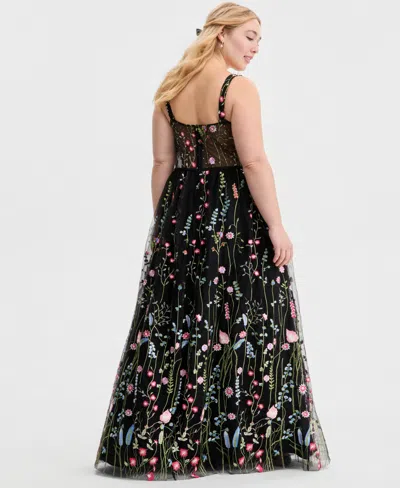 City Studios Created For Macy's,  Trendy Plus Size Embroidered Tulle Corset Gown In Black