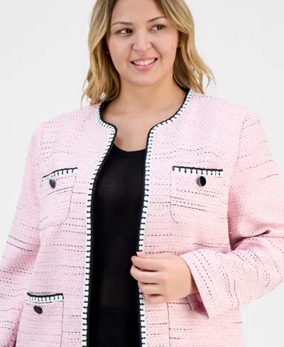 Kasper Plus Size Collarless Open-front Tweed Jacket In Multi