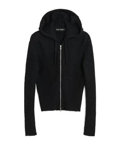 Our Legacy Compact Hooded Ribbed Brushed Alpaca-blend Cardigan In Black