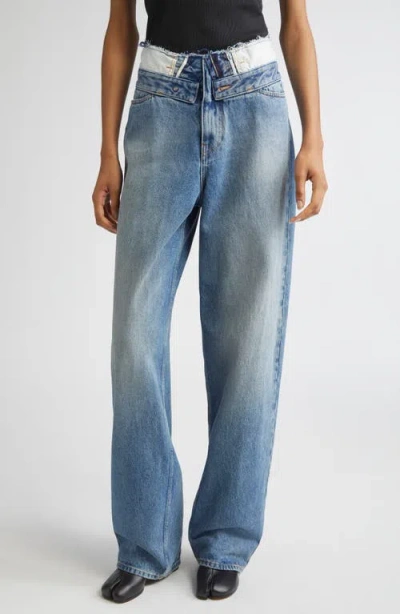 Mm6 Maison Margiela Light Blue Washed Jeans With Layered Waistband In Black