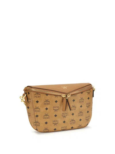 Mcm Beige Calf Leather Bos Taurus Shoulder Bag In Brown